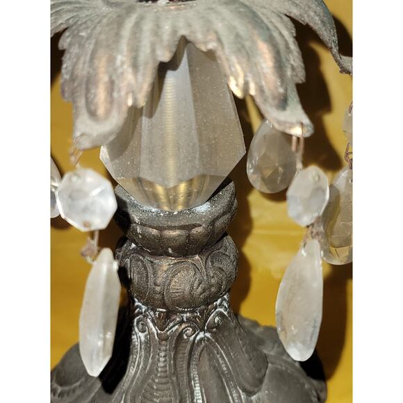 Vintage Pair Of Cast Metal Teardrop Crystals And Prizm Candle Stick Holders - Picture 11 of 12